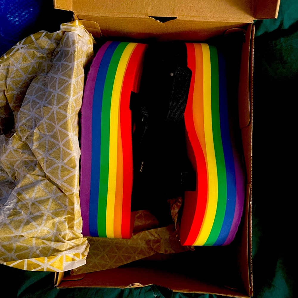 Teva rainbow flatform sandals, size 9, new in box